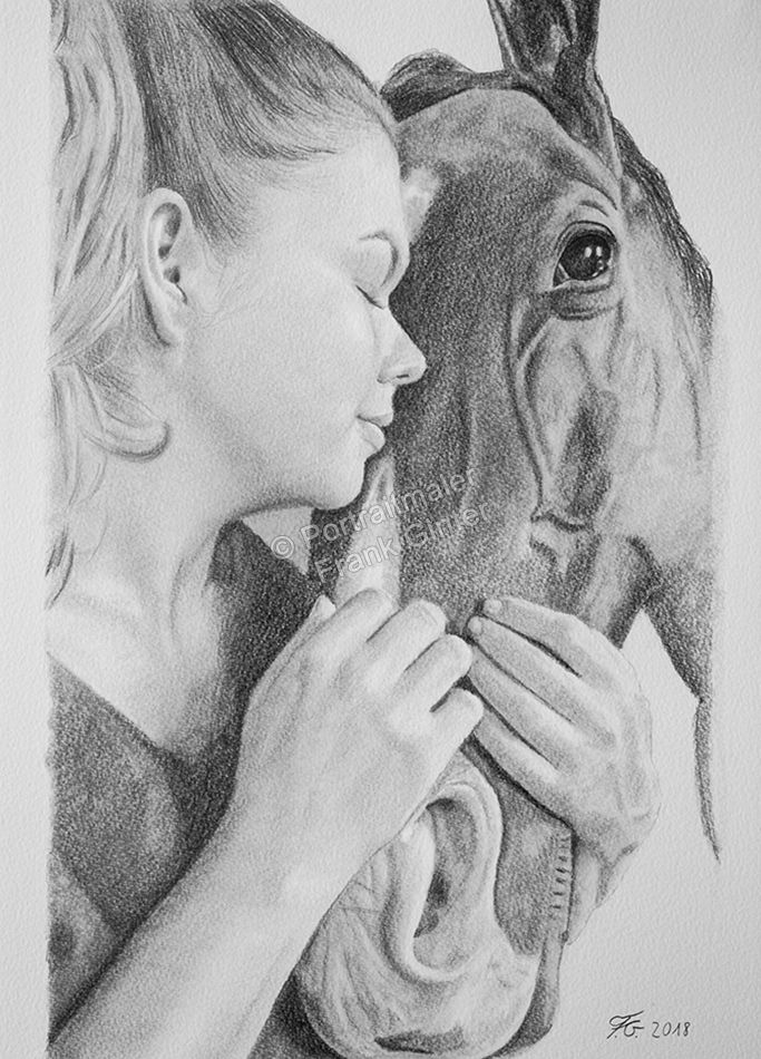 Bleistiftzeichnung, Pferdeportrait - Ein Mädchen und Ihr Pferd mit Bleistift gezeichnet