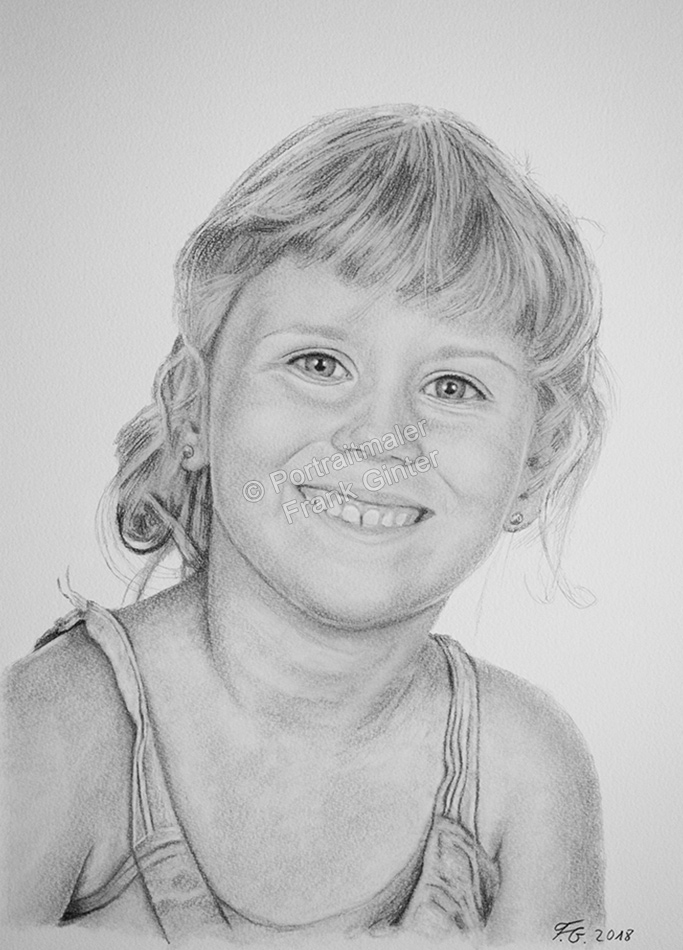Bleistiftzeichnung eines kleinen Mädchens, Kinderportrait gezeichnet