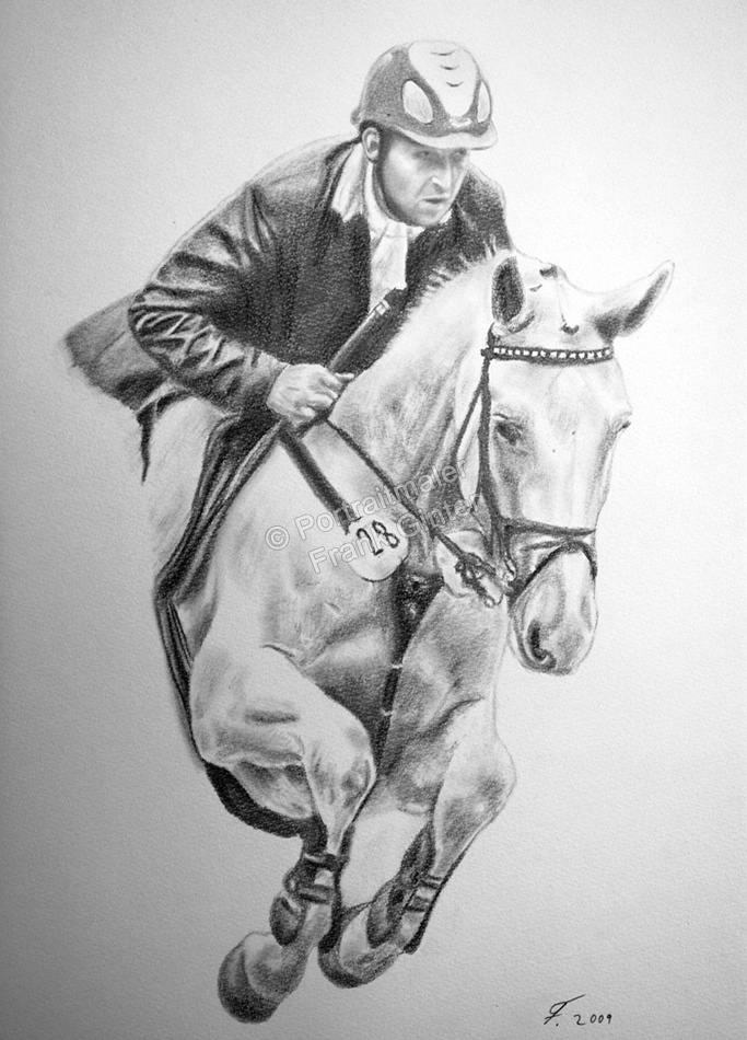 Bleistiftzeichnungen, Pferdeportrait ein Reiter auf seinem Pferd gezeichnet