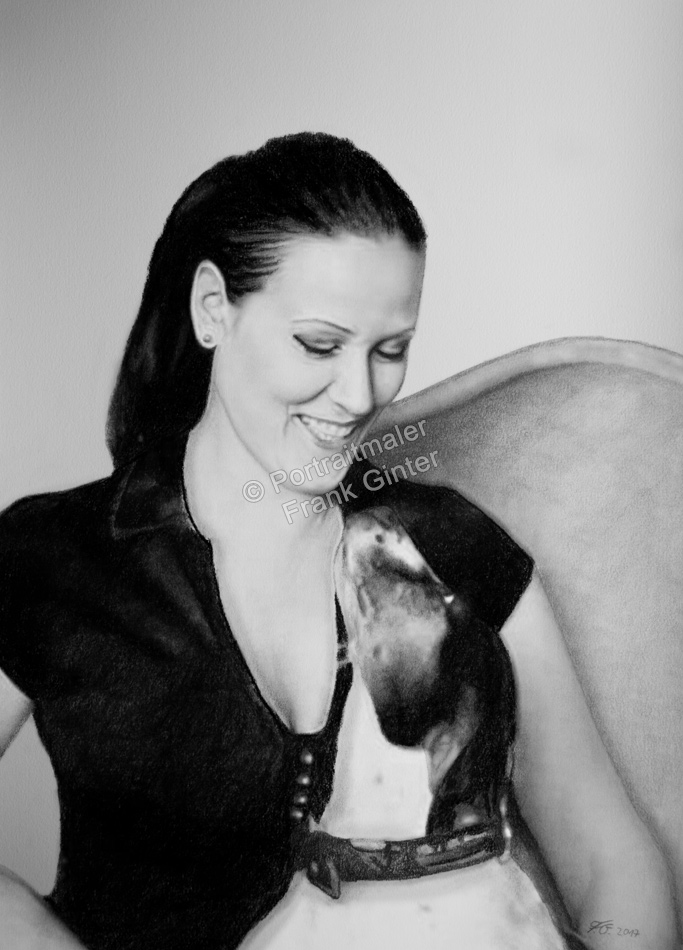 Kohlezeichnungen Portrait Frau mit Hund, Hundezeichnung
